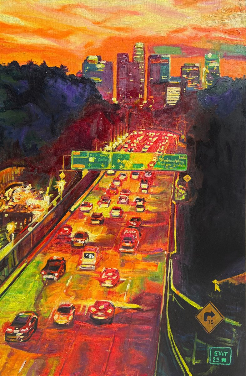 Expressive Cityscapes Oil Painting By Bonnie Lambert, 20 X 30, 110 South On The Move, Original Artwork