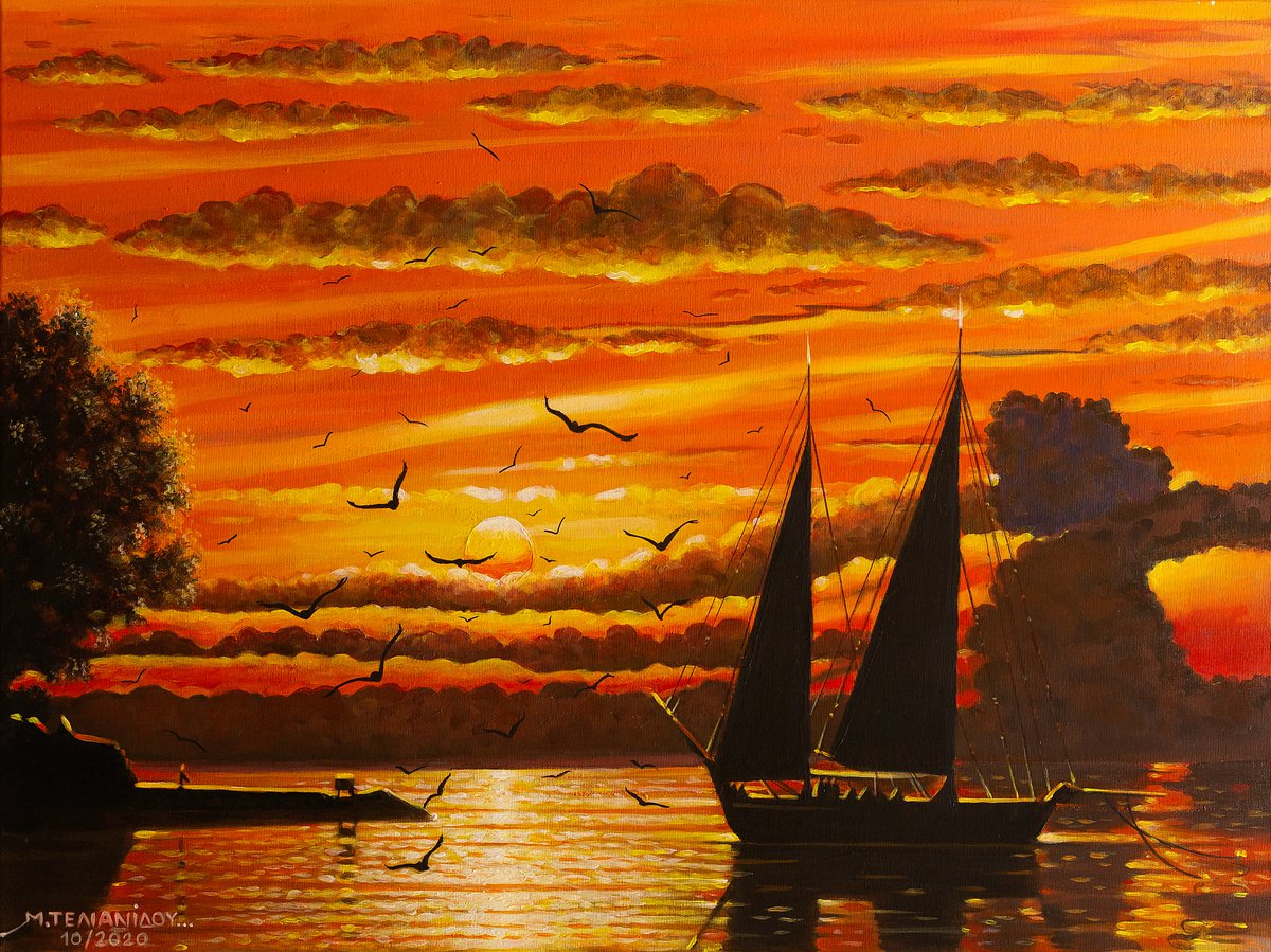 Scouna sailing boat at sunset by Margarita Telianidis