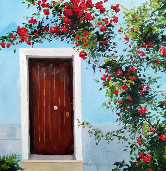 Roses on a blue wall