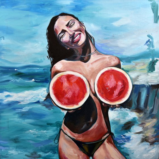 WATERMELONS - sea original oil painting - seaside, summer, erotic art, naked woman, gift idea, pop art, office art home decor