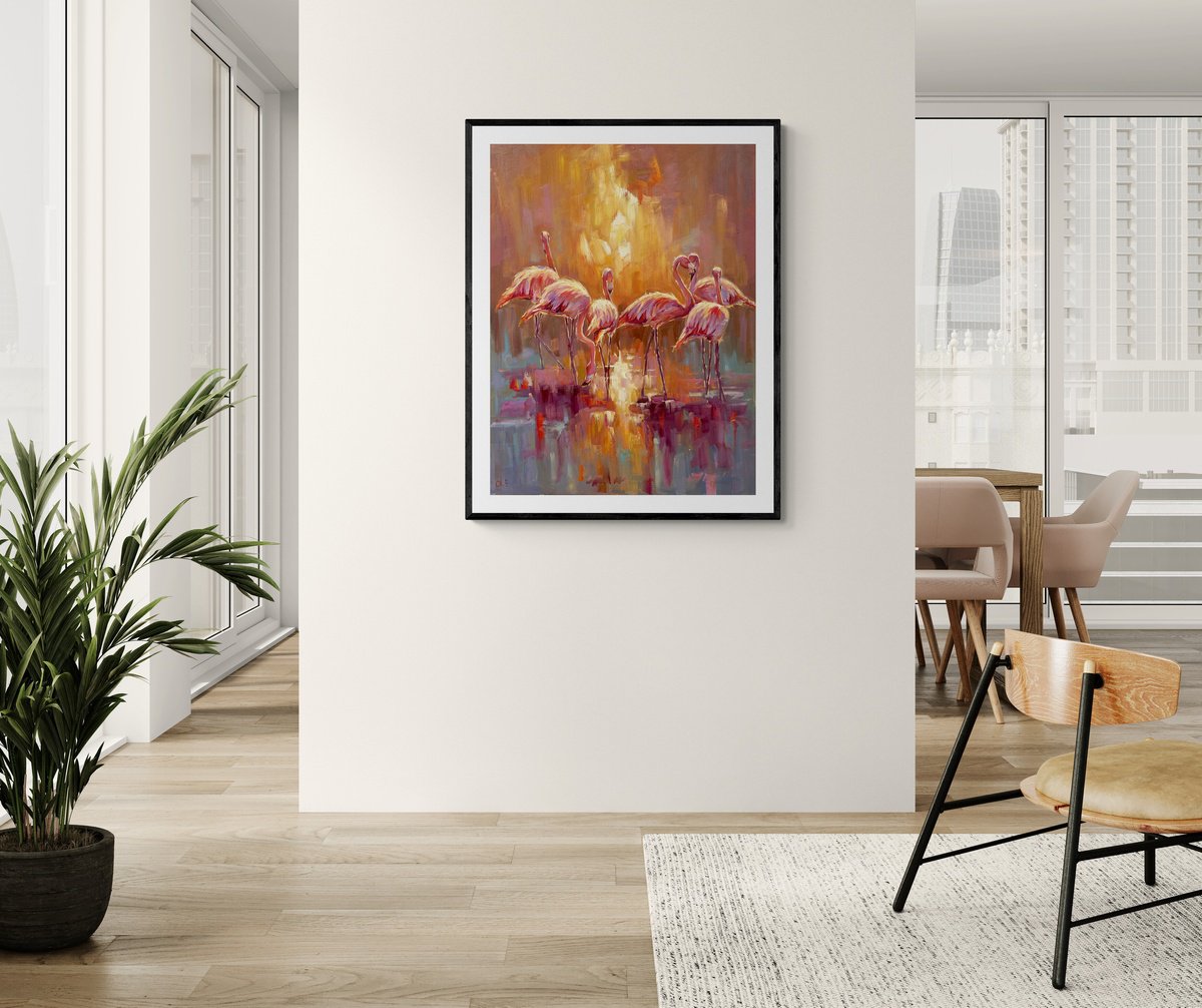 Impressionistic Animal Oil Painting By Evgeny Chernyakovsky, 27 X 35, Flamingo, Original Artwork