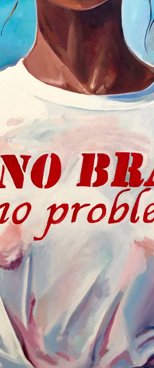 NO BRA NO PROBLEM - oil painting on canvas original gift for him naked woman seaside wet t-shirt nipples pop art bachelor interior by Sasha Robinson