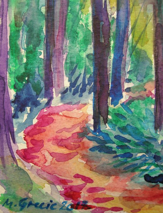 Red path in the woods