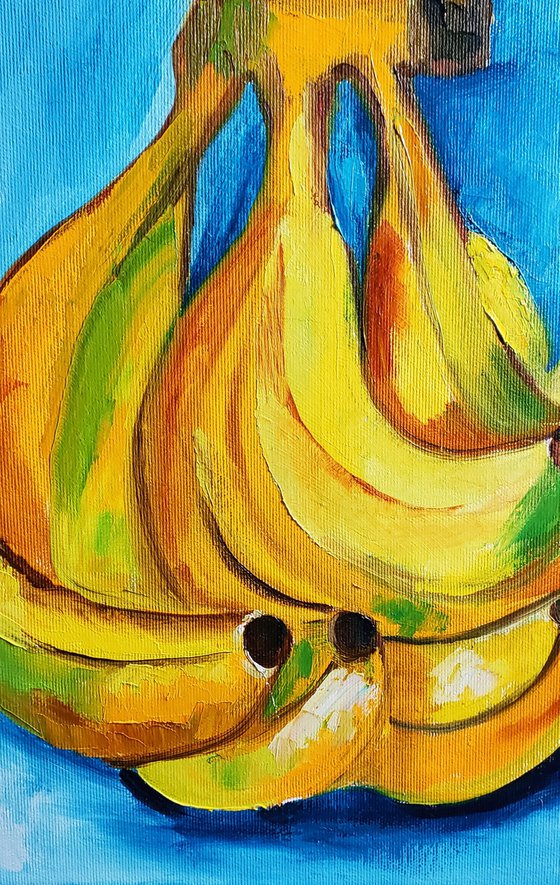 Bananas on  turquoise  Still life. Palette knife painting on linen canvas