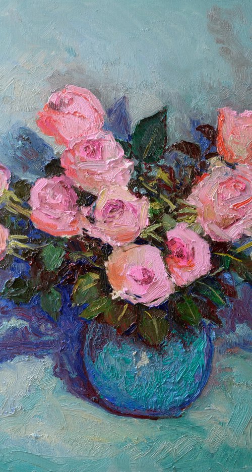 Pink Roses with Turquoise Background by Suren Nersisyan