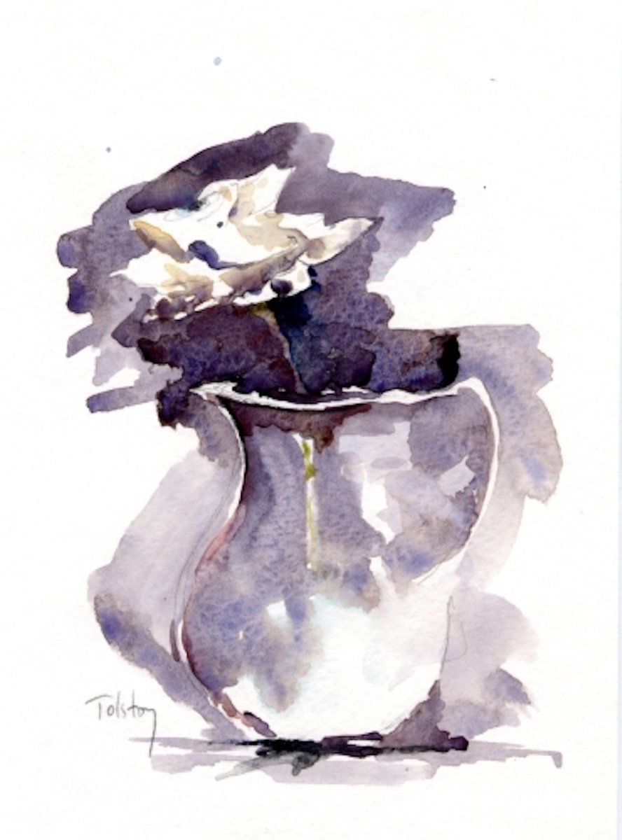 Impressionistic Botanical Watercolour By Alex Tolstoy, 9 X 12, Rose In A Ewer, Original Artwork