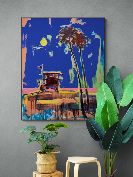 Big painting - "Blue sky in Miami" - Bright painting - Pop Art - Urban - Palms - California - Sunset - Blue&Pink
