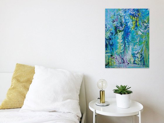 Abstract Tropical Flowers. Floral Garden. Magic Garden. Abstract Blue Floral Original Painting on Canvas 46x61cm Modern Art