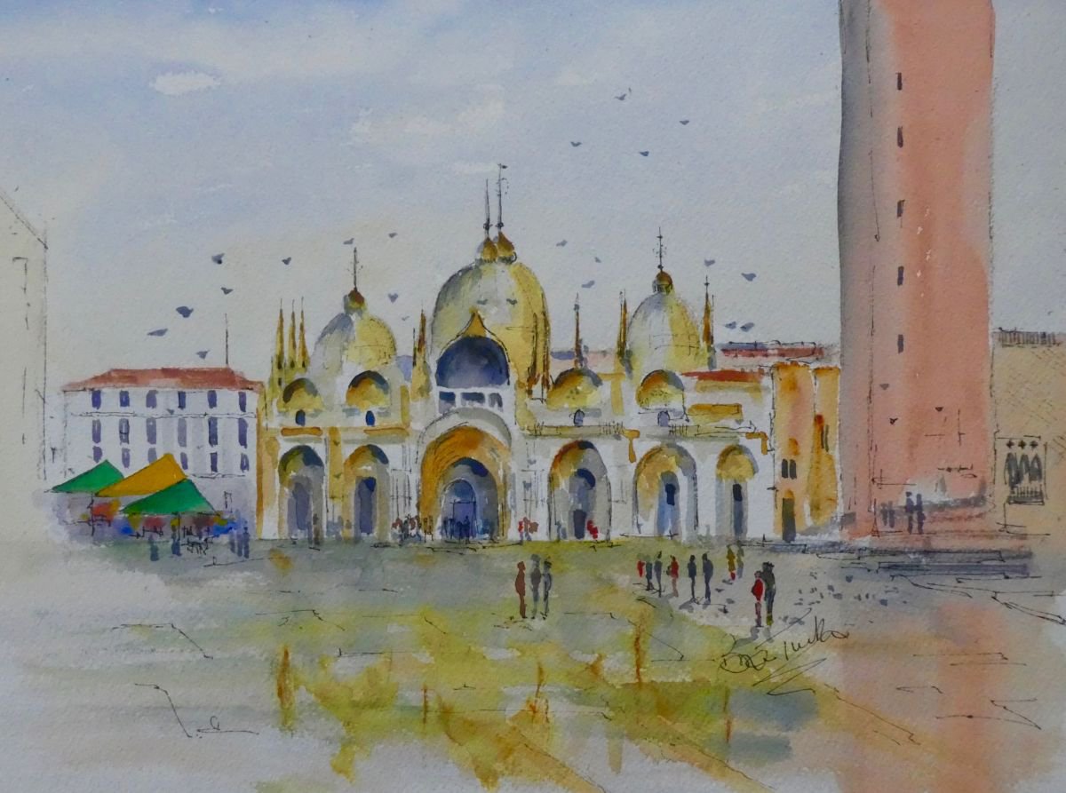 Photorealistic Cityscapes Watercolour By Brian Tucker, 14 X 10, Piazza San Marco In Venice, Original Artwork