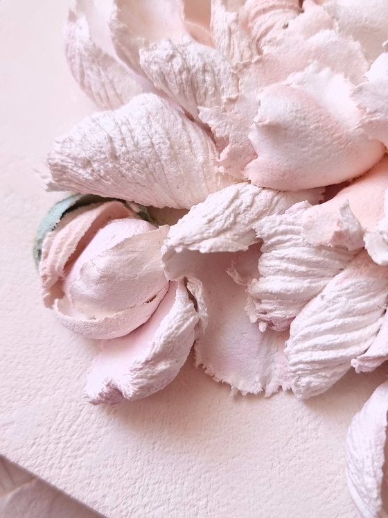 Peony flower panel. Small ceramic sculpture 3d flower with white petals. Tender peony botanical bas- relief. White Peony 2 - 3d painting