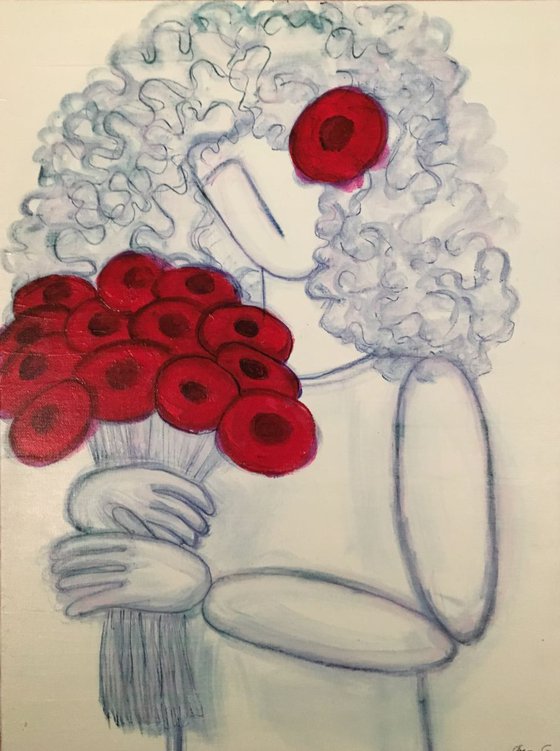 Girl with poppies. Abstract painting