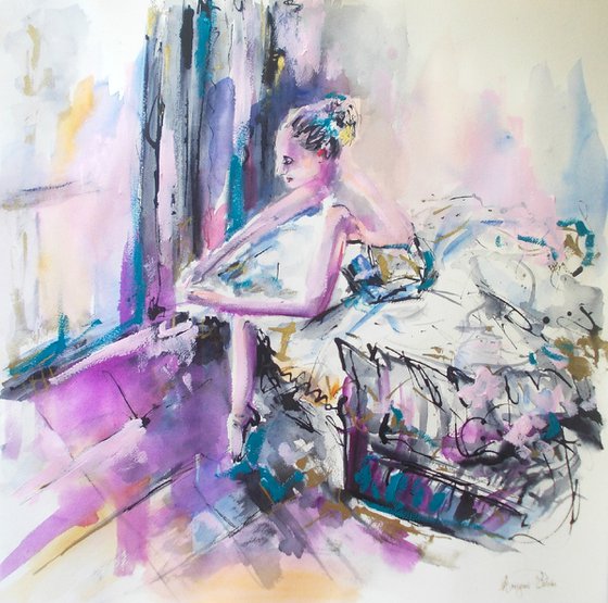 Quiet Moments - Ballerina Watercolor-Mixed Media Painting