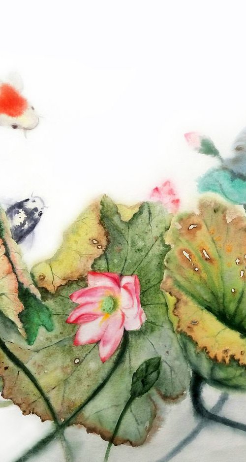 Koi Fish and Lotus Flowers by Olga Beliaeva Watercolour