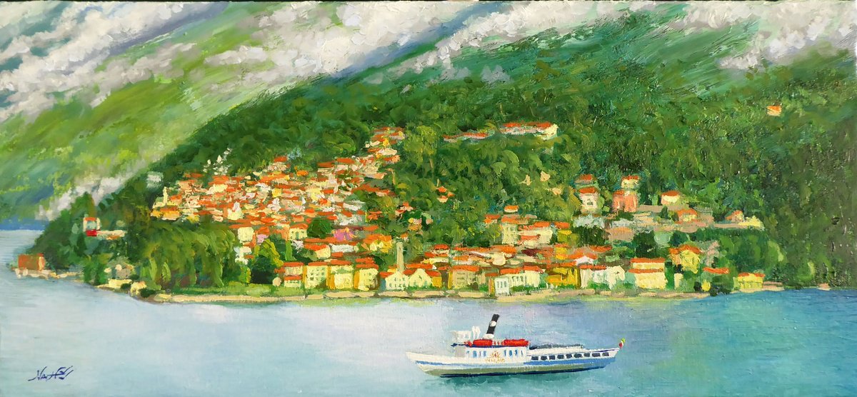 Impressionistic Landscape Oil Painting By Narek Hambardzumyan, 20 X 9", Moltrasio Serene Architecture, Original Artwork
