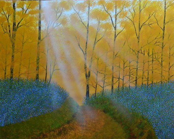 Where the Spirit Lives - landscape with forest, trees, sun rays and flowers; home, office decor; gift ideas