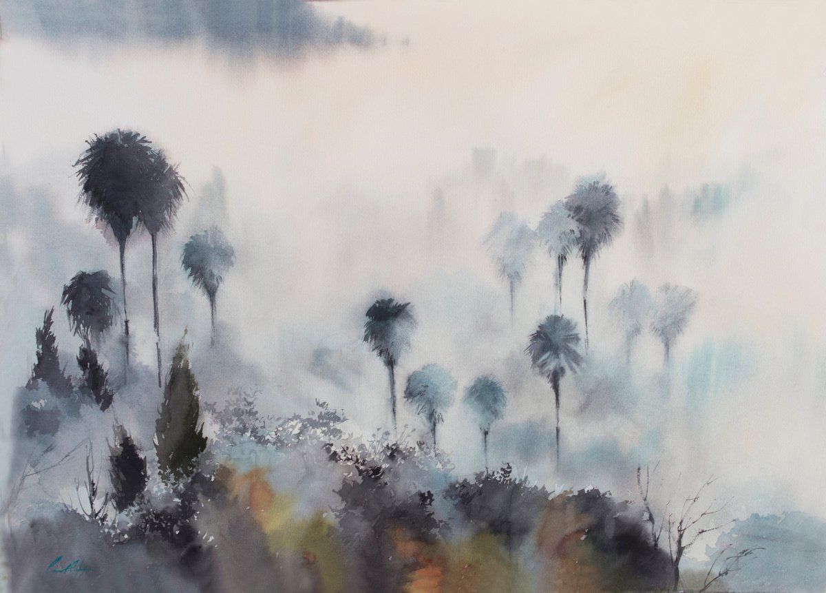 Impressionistic Landscape Watercolour By Sophie Rodionov, 30 X 22", Erased - Fogged Landscape With Palms, Original Artwork