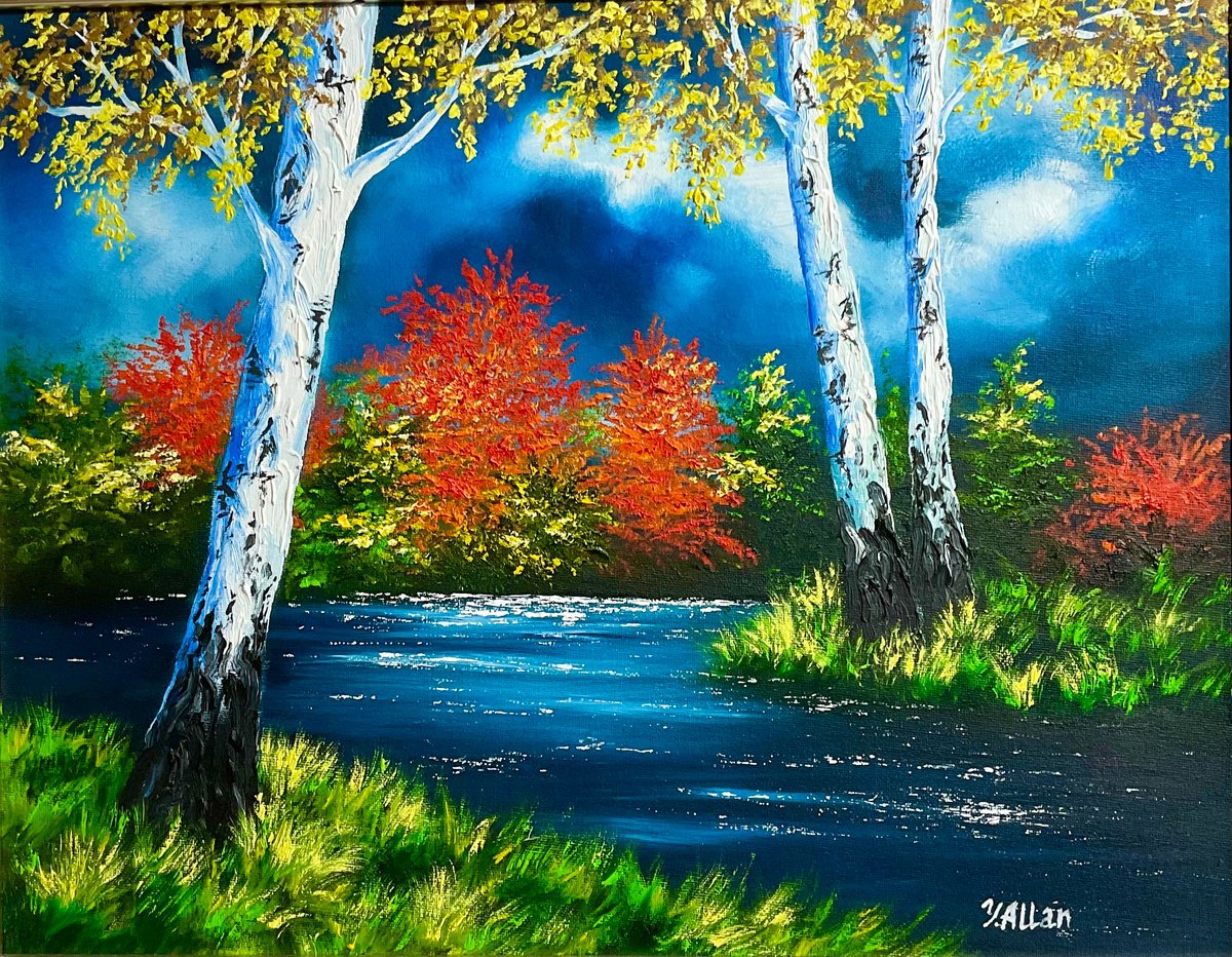 Impressionistic Landscape Oil Painting By Yulia Allan, 22 X 18", Birch Trees, Original Artwork