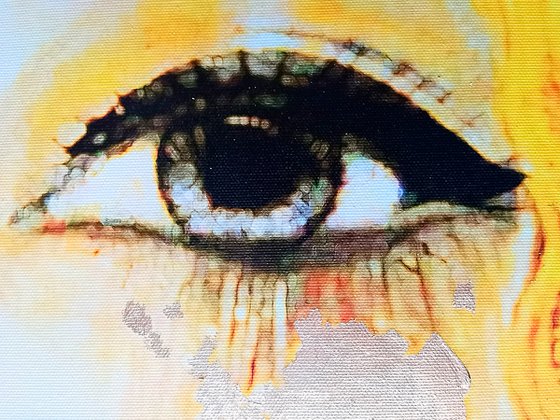 Golden Tears - original woman face art, fine art female portrait, mixed media painting