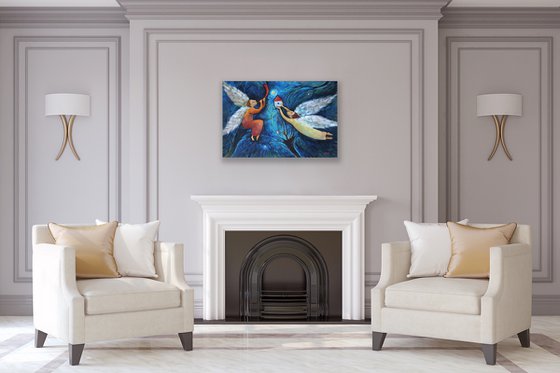 ANGELS - oil painting angels in the sky Christmas interior idea for present Easter gift