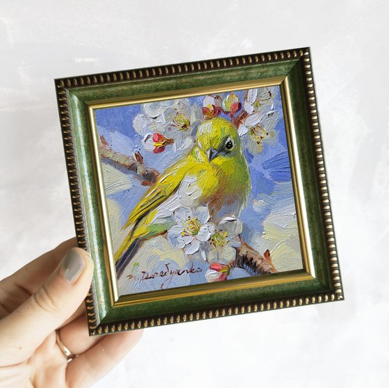 Bird painting original picture frame 4x4, Yellow bird oil painting on blossom branch, Small painting gift miniature art flowers