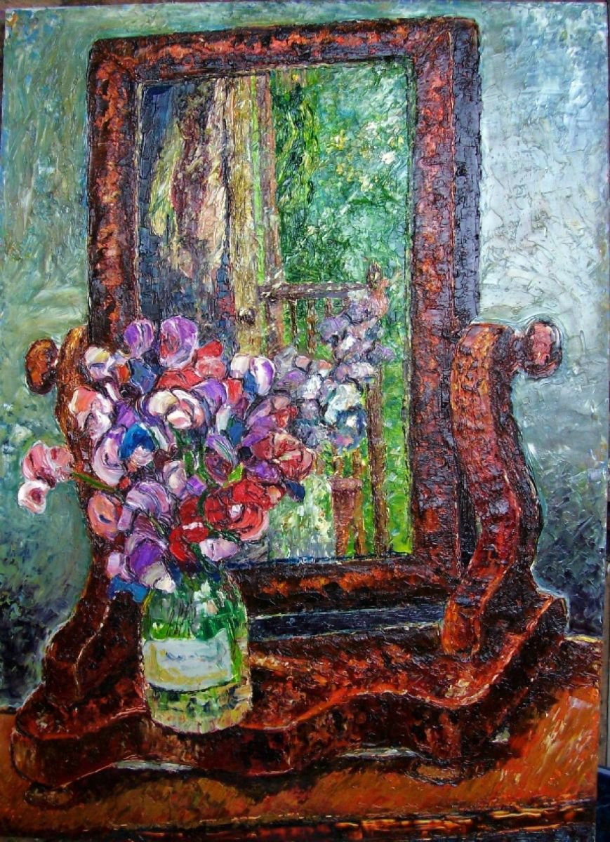 Expressive Still Life Oil Painting By Richard Meyer, 18 X 25", Sweetpeas In Jamjar And Mirror, Original Artwork