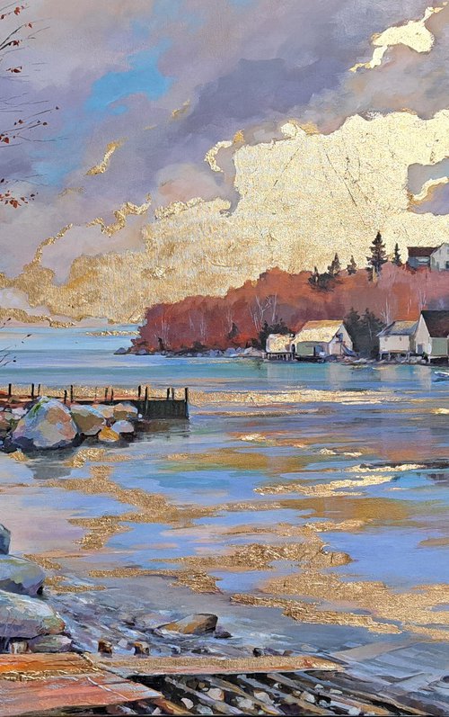 Golden light over the bay (mixed-media, acrylic and gold leaf) (24x36x1.5") by Alexander Koltakov