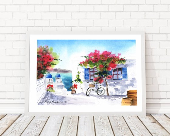 Santoriny coast blossom painting beach wall art living room home decor gift idea