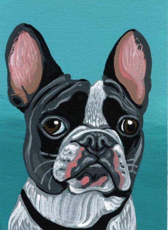 ACEO ATC Original Miniature Painting Black French Bulldog Pet Dog Art-Carla Smale