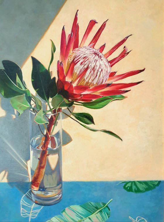 "African rose."  still life summer Protea flower liGHt original painting  GIFT (2020)