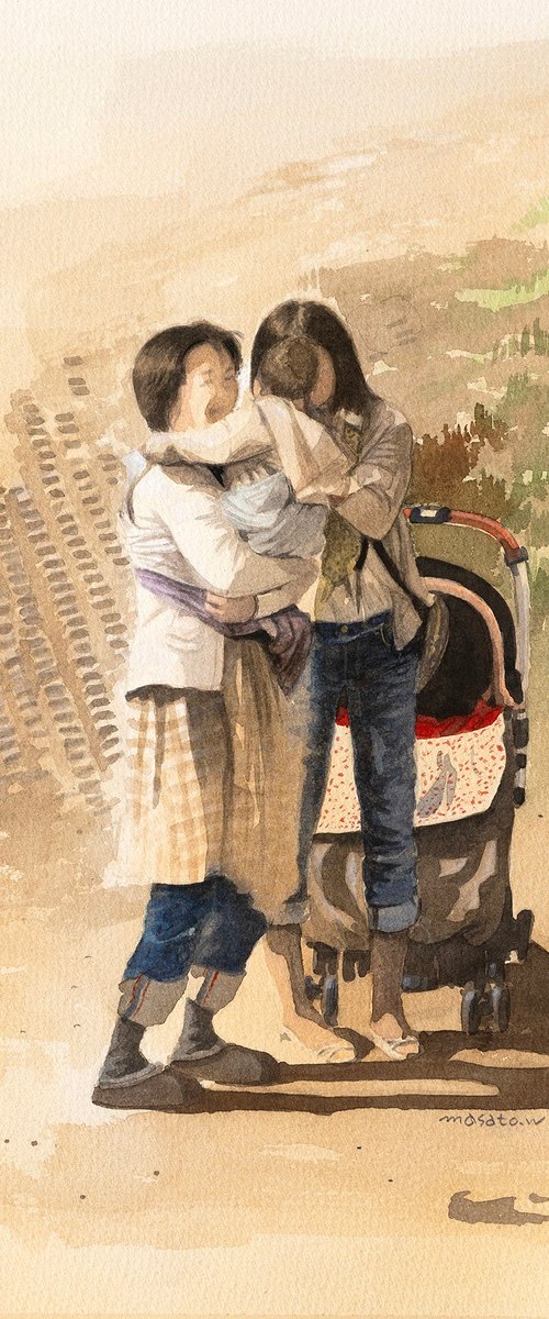Mother, Child, and Family Love Watercolor by Masato Watanabe
