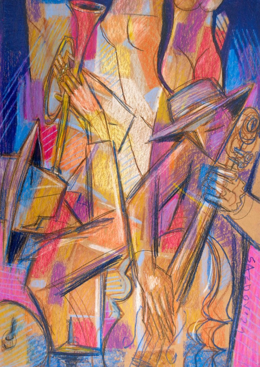 Expressive Pastel Drawing , Let´s The Music Play By Rumen Sazdov, 14 X 20, Artwork For Sale On Artfinder