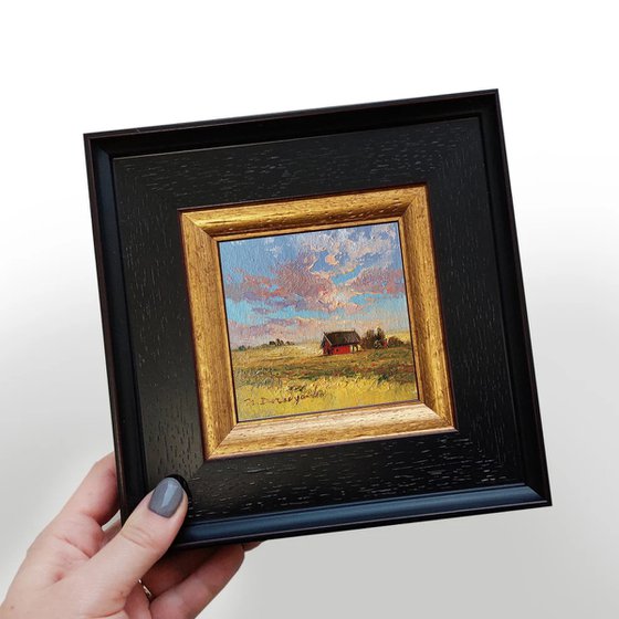 Sunset sky oil painting original 4x4, Barn painting landscape miniature framed - Everything looks cute when it's small