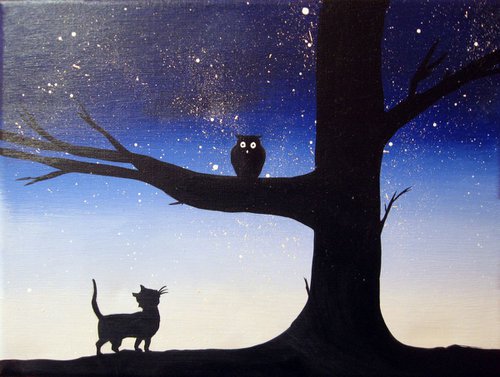 The Owl and the Pussycat original abstract animal art cute kawaii tree animal artwork 3 sizes by Stuart Wright