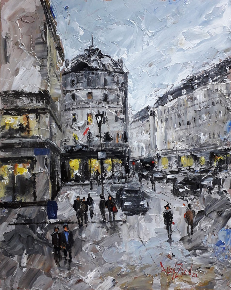 Cityscape. Painting with a palette knife. City street by Alexander Zhilyaev