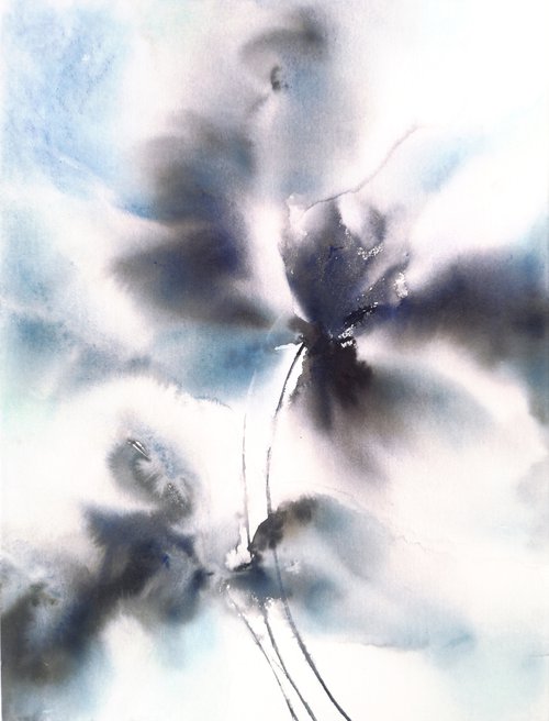 Dark blue abstract flowers by Olga Grigo