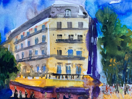 Paris Watercolor Painting, French Cafe Original Artwork, France Street Scene Picture, European Cityscape Art