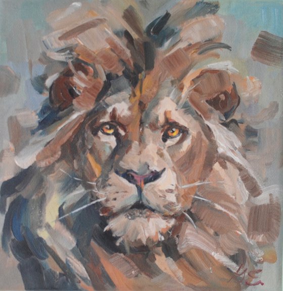 Lion head small oil painting