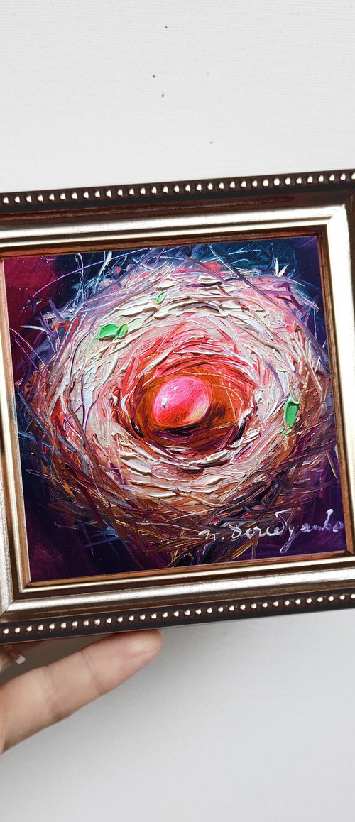 Bird nest painting original framed 4x4, Red ruby egg unique miniature oil painting small by Nataly Derevyanko