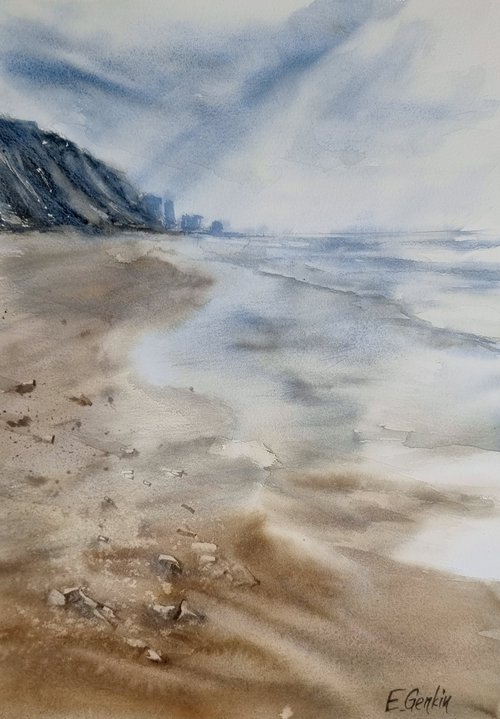 Seascape with beach and mountains #3 by Elena Genkin