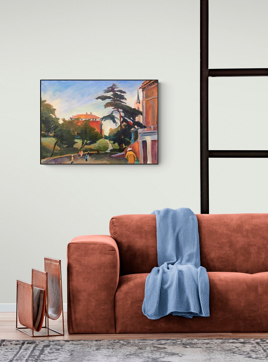 ON THE WAY TO PRADO - cityscape oil painting with houses and people going to the Prado mus... by Irene Makarova