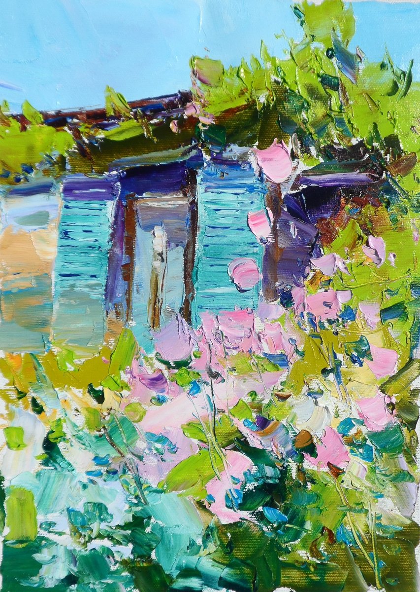 Impressionistic Landscape Oil Painting By Yehor Dulin, 10 X 14", Roses Under My Window, Original Artwork