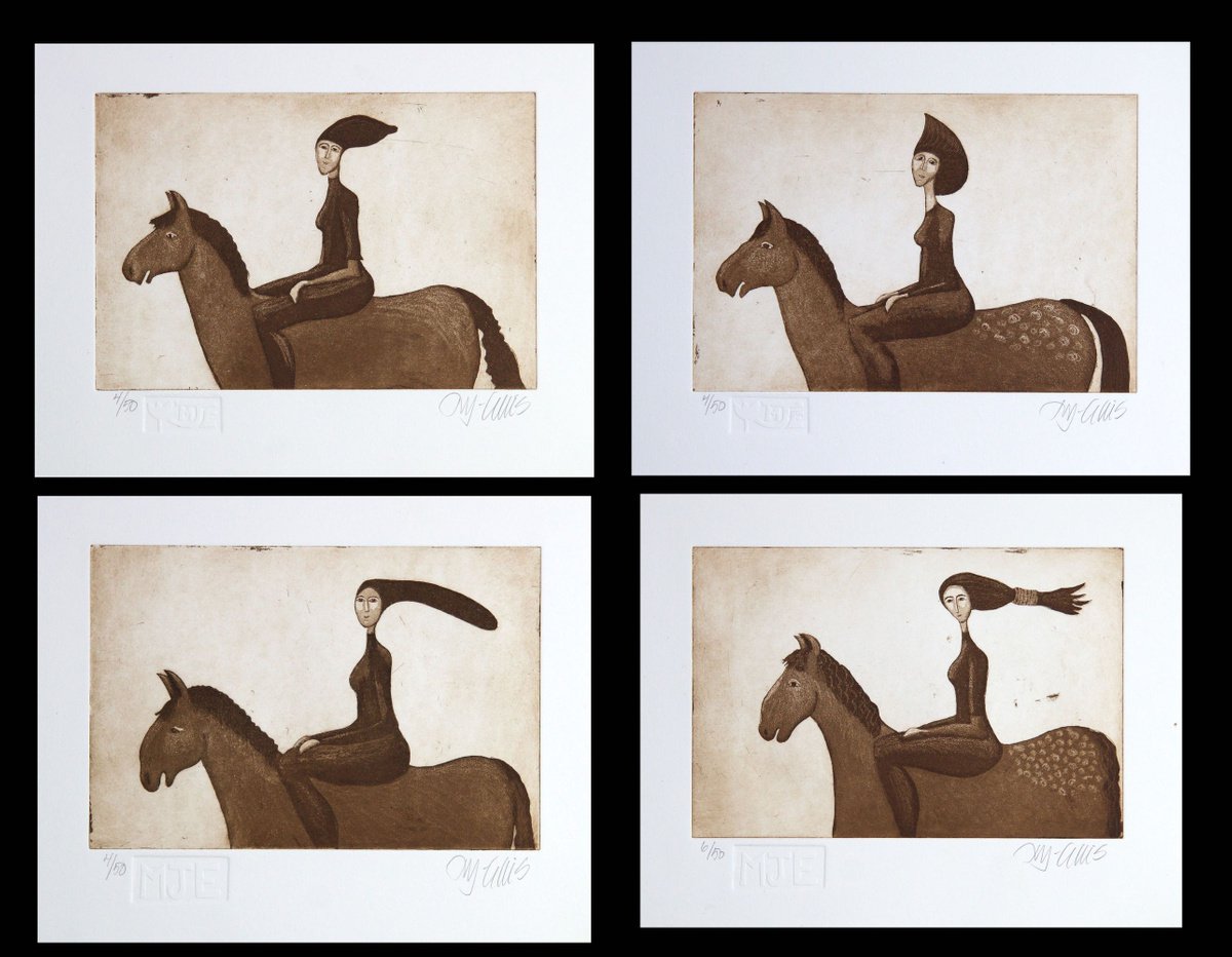 set of 4 etchings, Riders, aquatint etchings by Mariann Johansen-Ellis