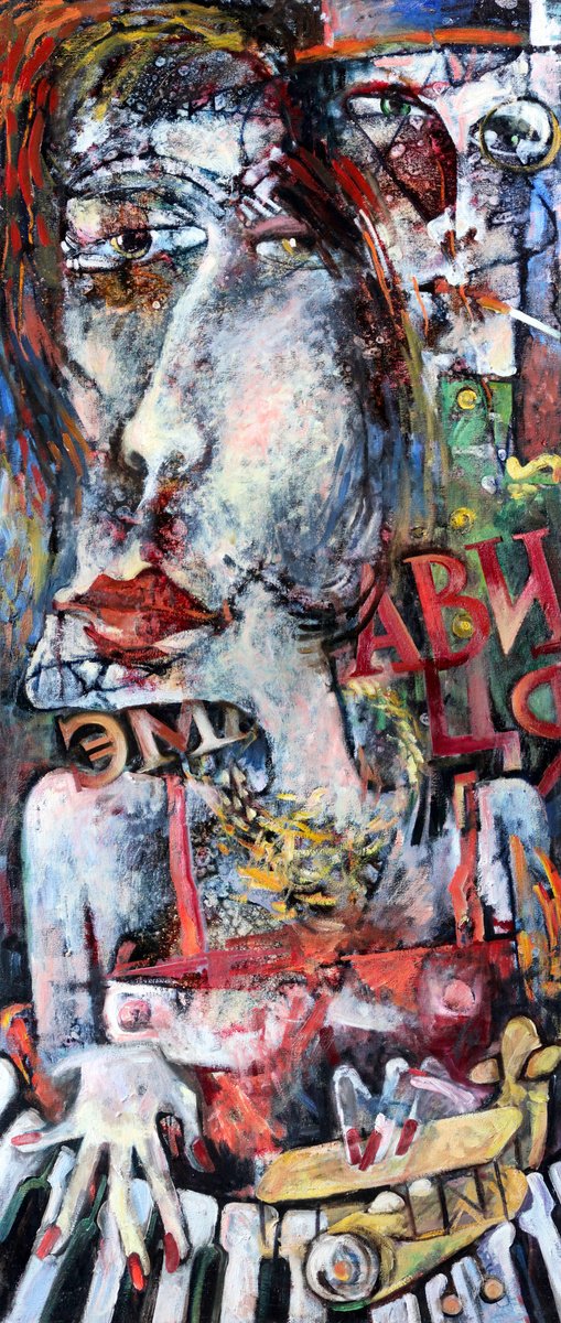 Expressive Portrait Oil Painting By Nikifor Swiristuhin, 24 X 55", Aviation And Emancipation., Original Artwork