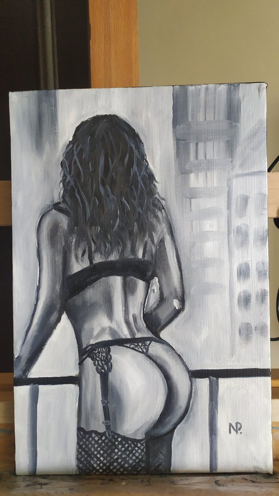 Girl in a big city, original nude erotic gestural black and white nude oil painting