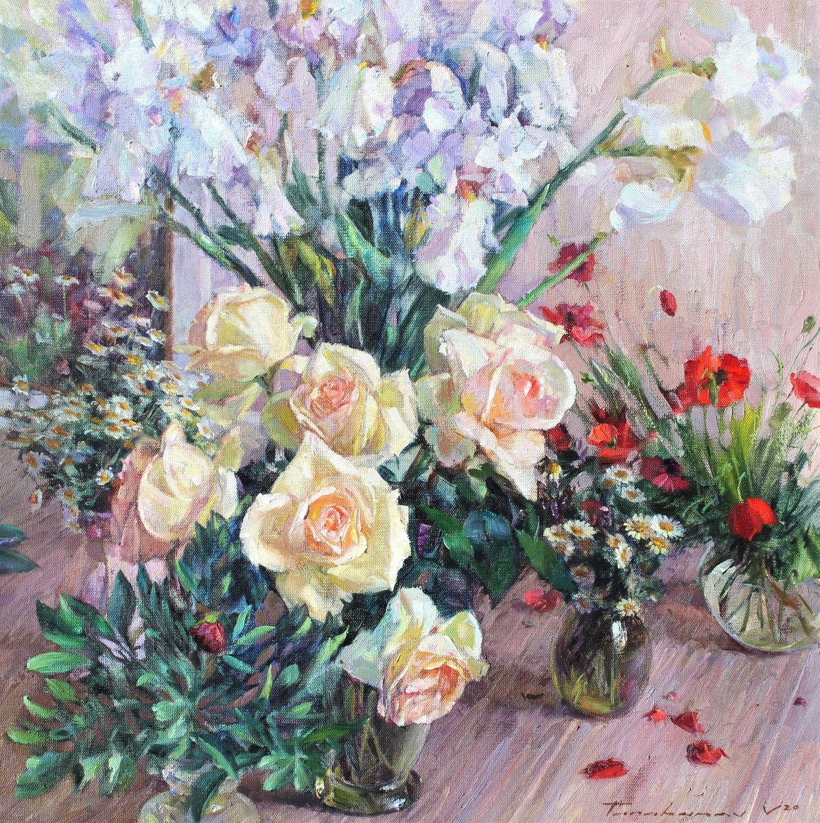 Impressionistic Botanical Oil Painting By Volodymyr Tarabanov, 26 X 26", Still Life With Spring Flowers, Original Artwork