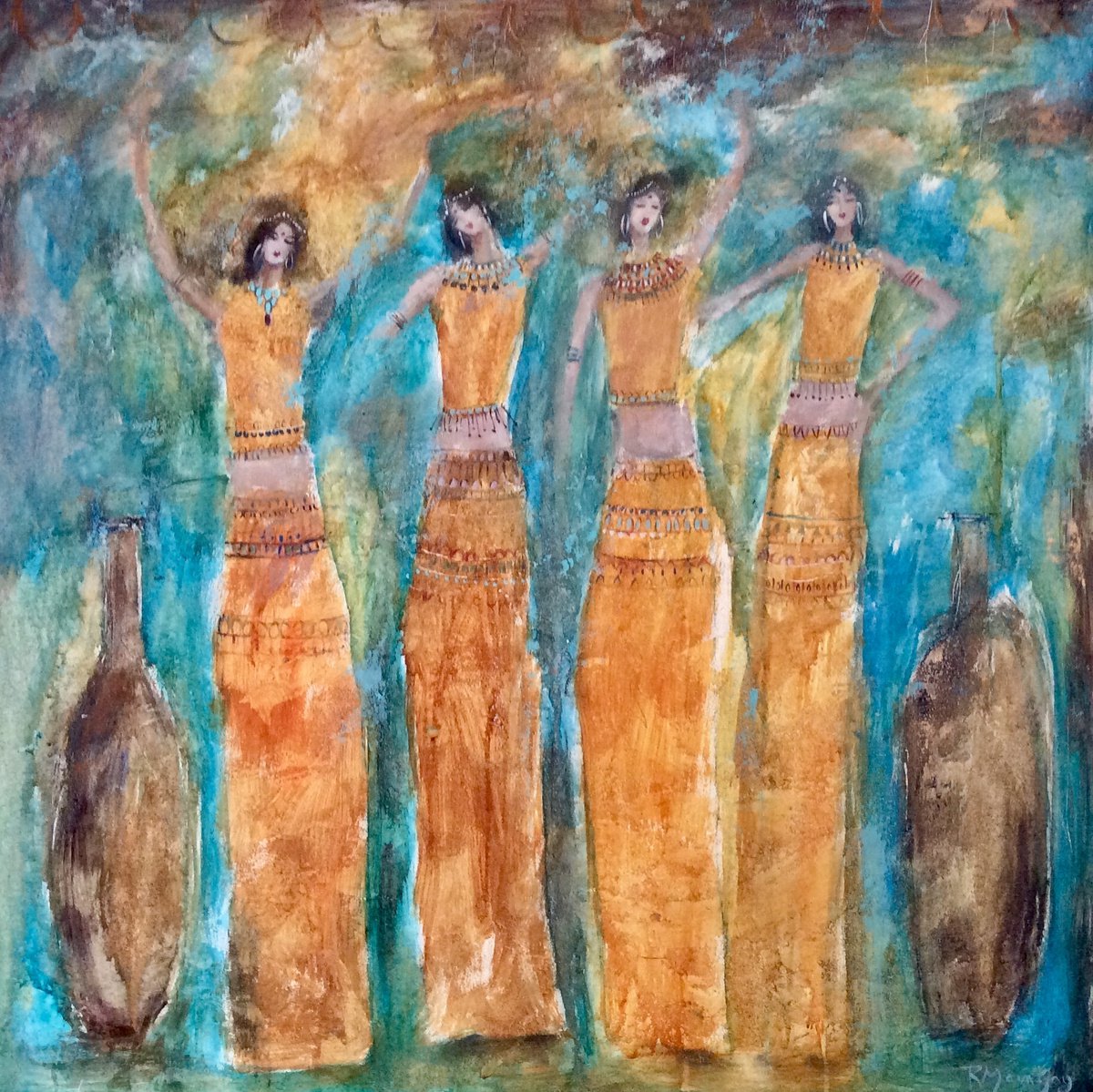 ANCIENT DANCING GIRLS. ON LARGE CANVAS by Roma Mountjoy