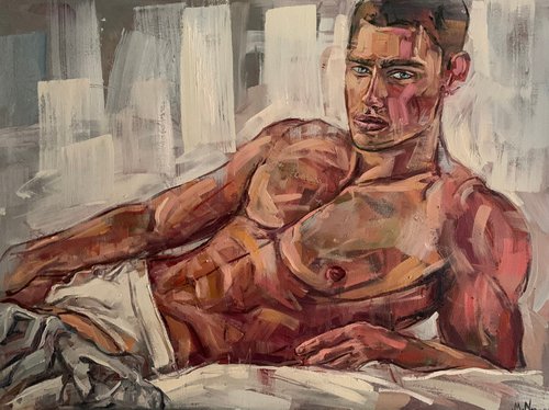 Naked man nude male lying down gay queer oil painting by Emmanouil Nanouris