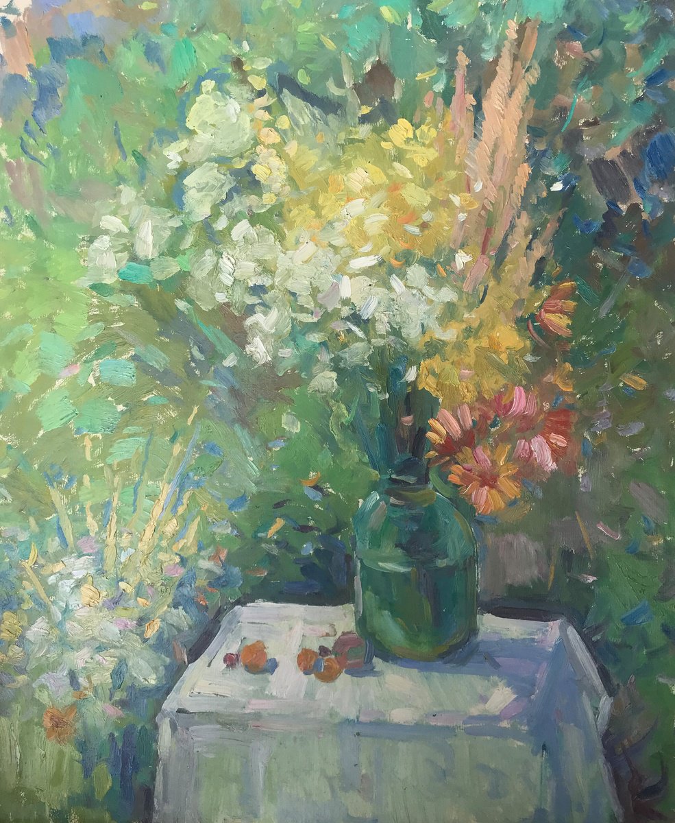 Impressionistic Still Life Oil Painting By Peter Tovpev, 17 X 20", Flowers And Fruits On The Table, Original Artwork
