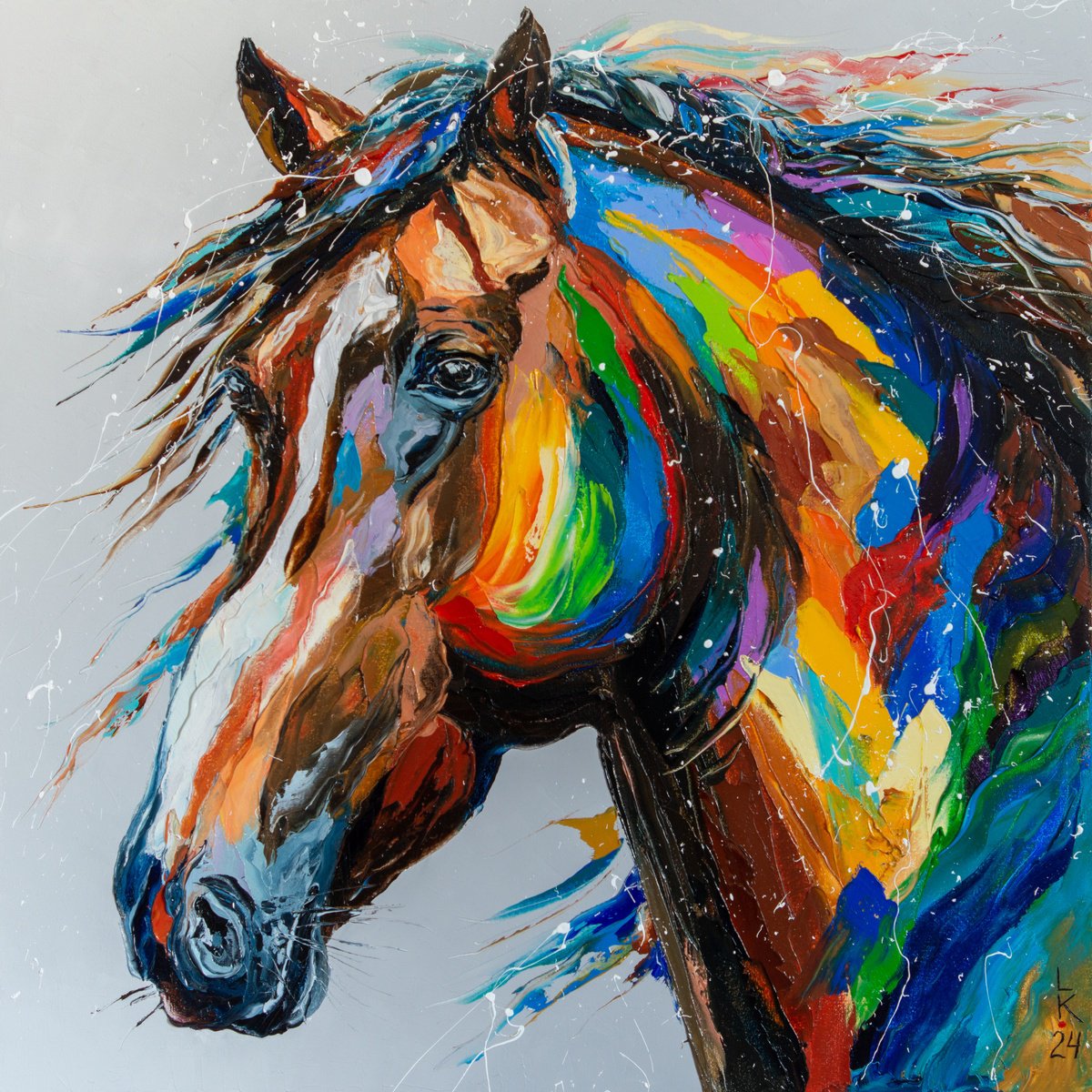 Animal Oil Painting By Liubov Kuptsova, 24 X 24", Multicolored Equine, Original Artwork