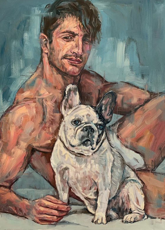 Man with dog, male painting